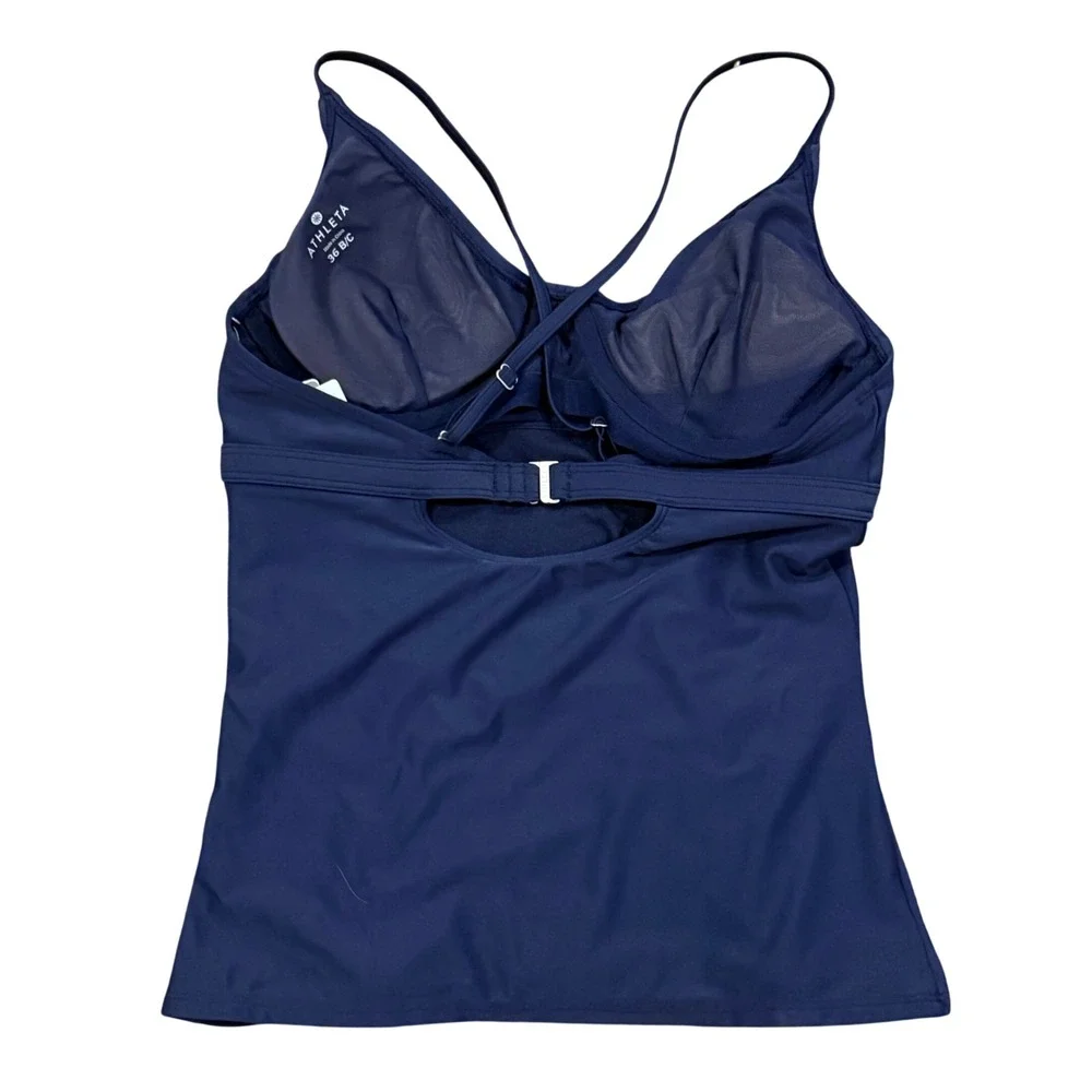 Athleta Aqualuxe Ruched Tankini Top Navy Blue 36 B/C NWT UPF 50+